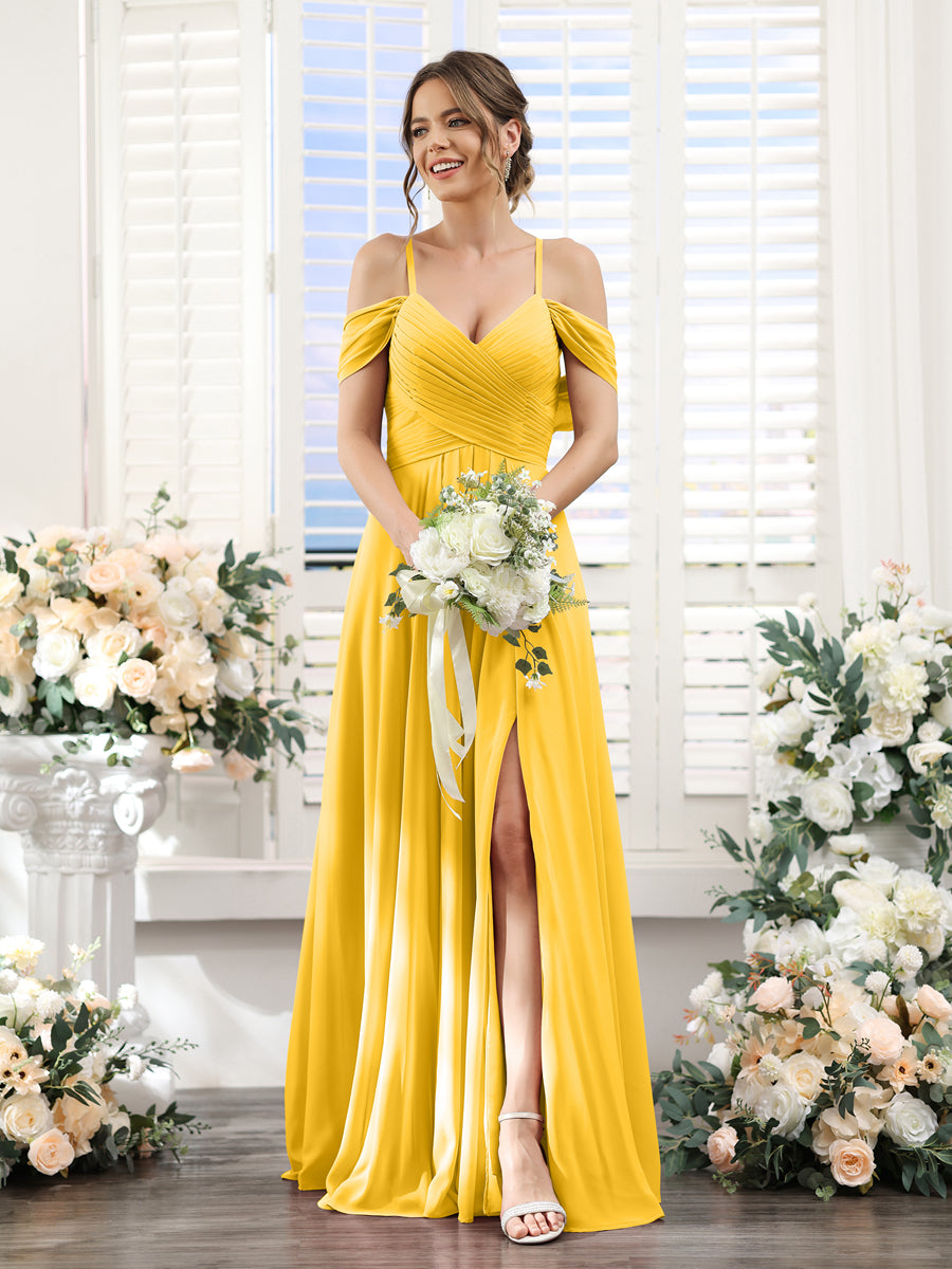 A-Linie V-Ausschnitt Spaghettiträger Seitlich Geschlitzt Bodenlanges Brautjungfernkleid aus Chiffon