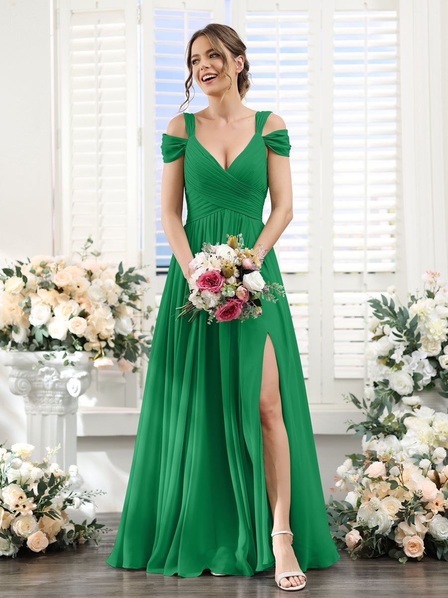 A-Linie V-Ausschnitt Seitlich Gerüscht Bodenlang Chiffon-Brautjungfernkleider