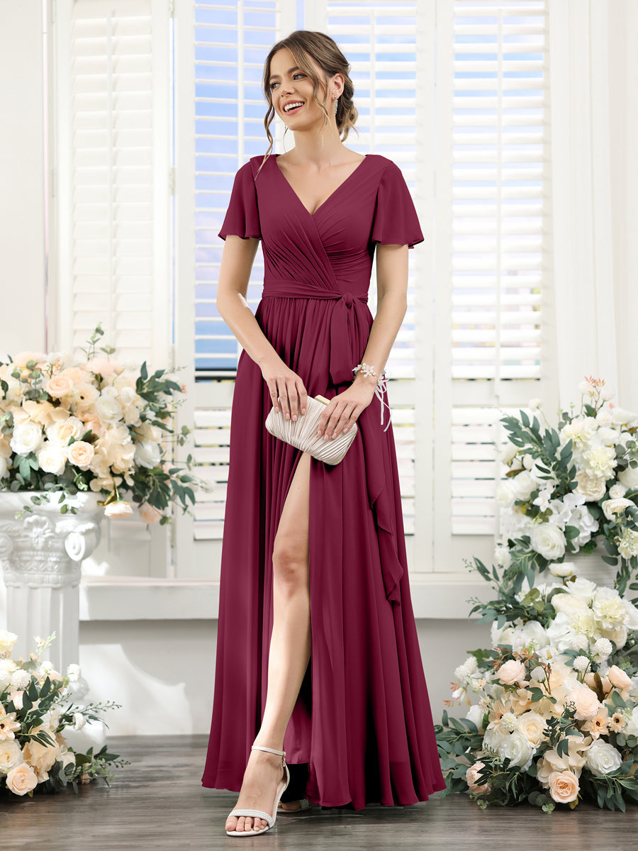 A-Linie V-Ausschnitt Kurze Ärmel Seitlich Geschlitzt Gerüscht Bodenlang Chiffon-Brautjungfernkleider