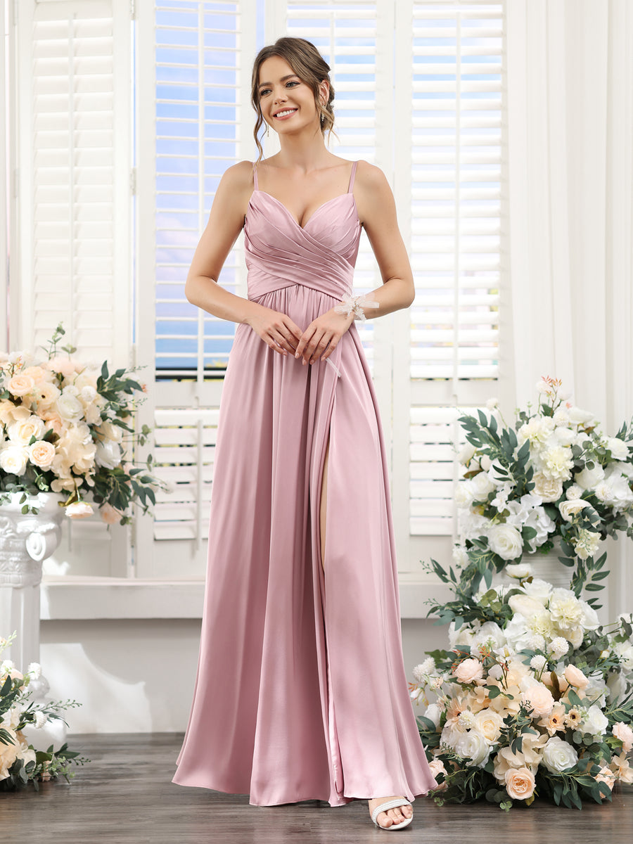 A-Linie Spaghettiträger Ärmellos Gerüscht Seitlich Geschlitzt Bodenlang Satin-Brautjungfernkleider