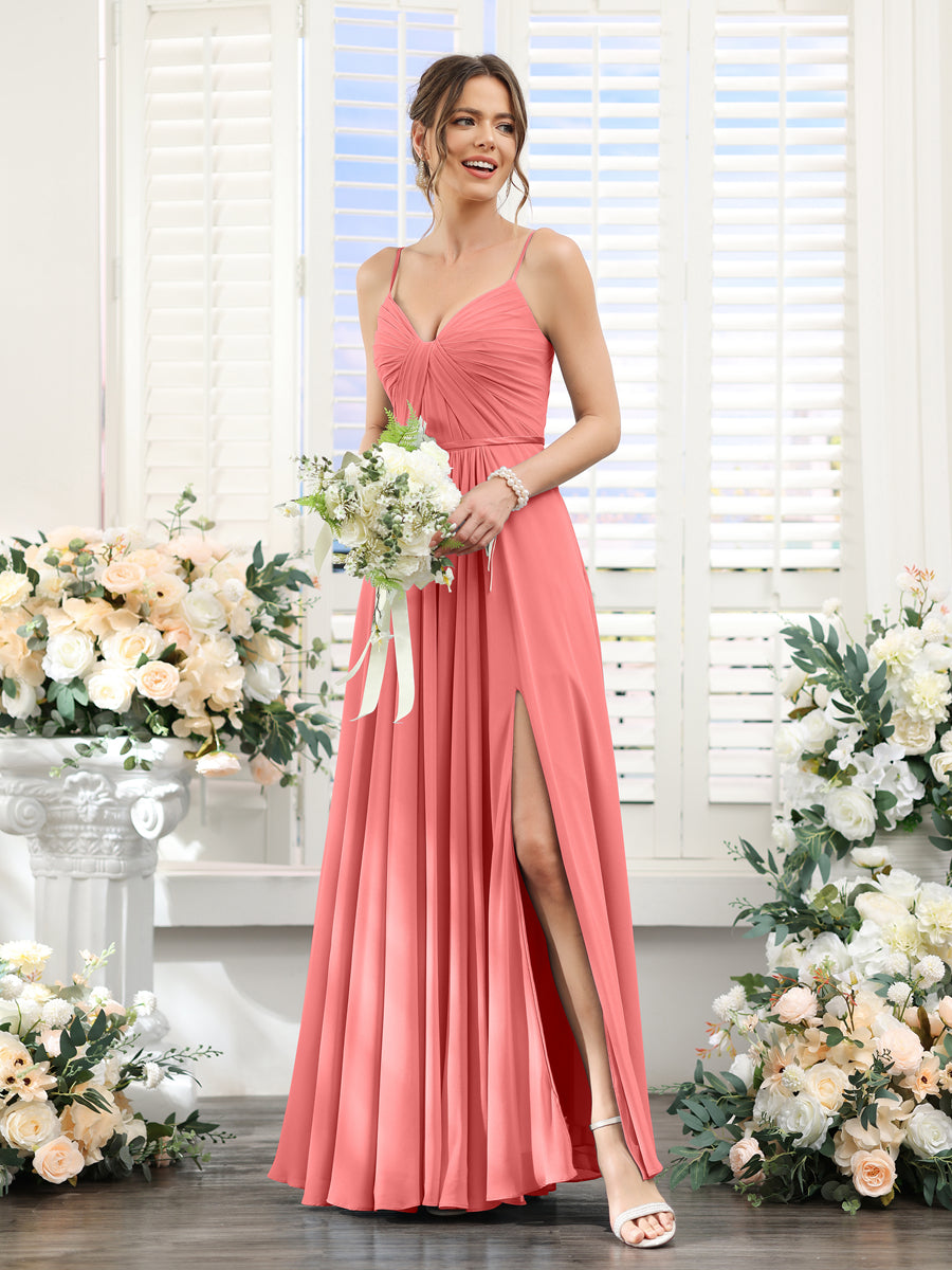 A-Linie Gerüschtes V-Ausschnitt Spaghettiträger Seitlich Geschlitzt Bodenlanges Brautjungfernkleid aus Chiffon