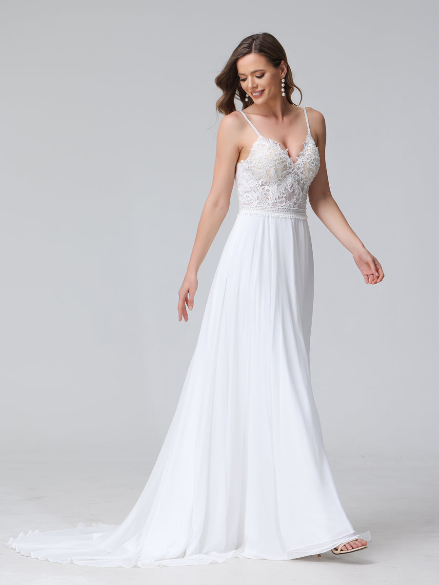 A-Linie Spaghettiträger V-Ausschnitt Ärmellos Lange Chiffon-Brautkleider mit Applikation An Der Seite
