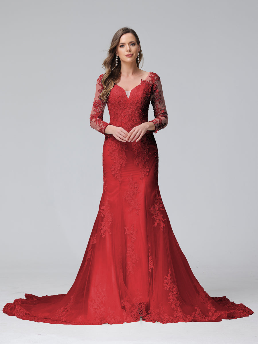 Trompete/Meerjungfrau-Linie V-Ausschnitt Lange Ärmel Spitze Brautkleider