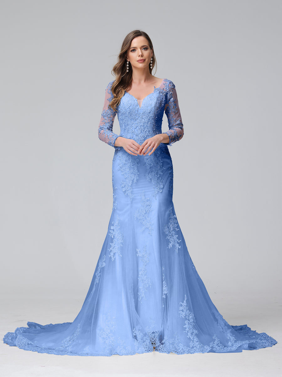 Trompete/Meerjungfrau-Linie V-Ausschnitt Lange Ärmel Spitze Brautkleider