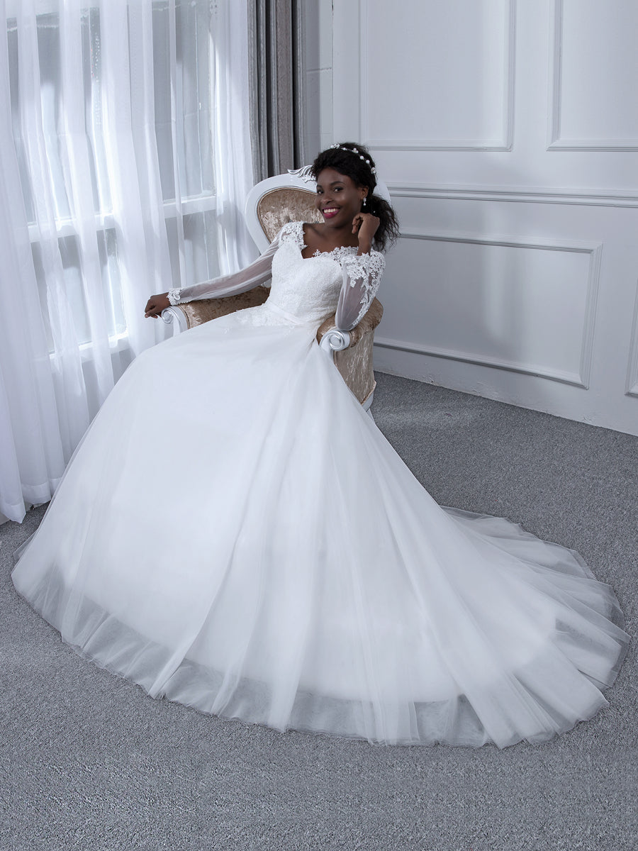 Brautkleider in Duchesse-Linie aus Tüll mit V-Ausschnitt Und Langen Ärmeln Und Applikationen