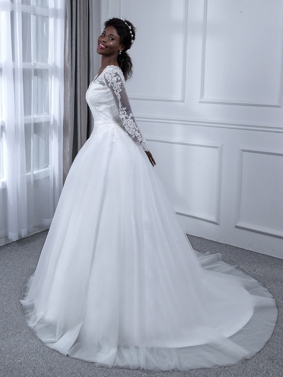 Brautkleider in Duchesse-Linie aus Tüll mit V-Ausschnitt Und Langen Ärmeln Und Applikationen