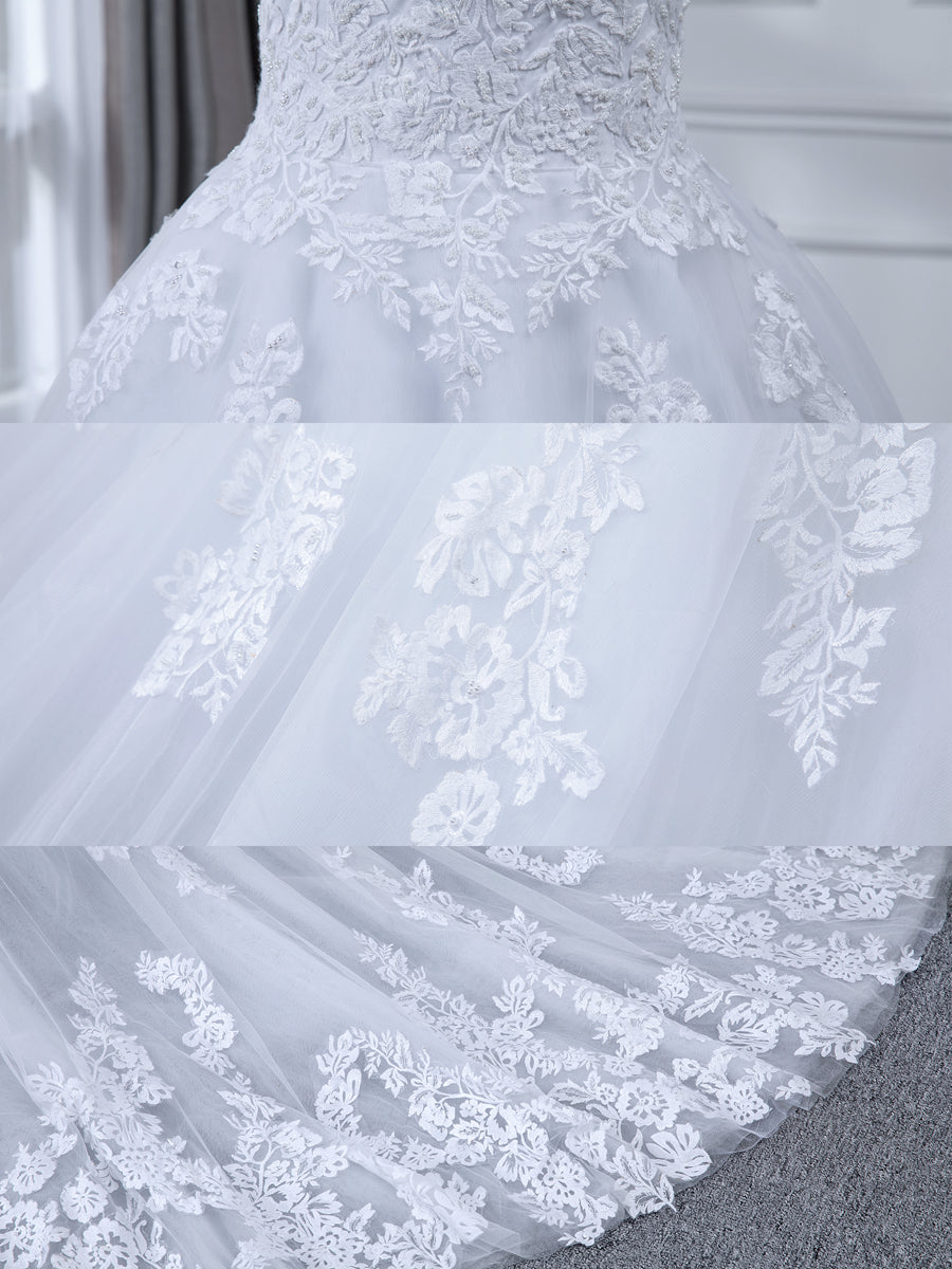 Transparenter Ausschnitt Lange Ärmel Tüll-Brautkleider in Duchesse-Linie mit Perlenapplikationen