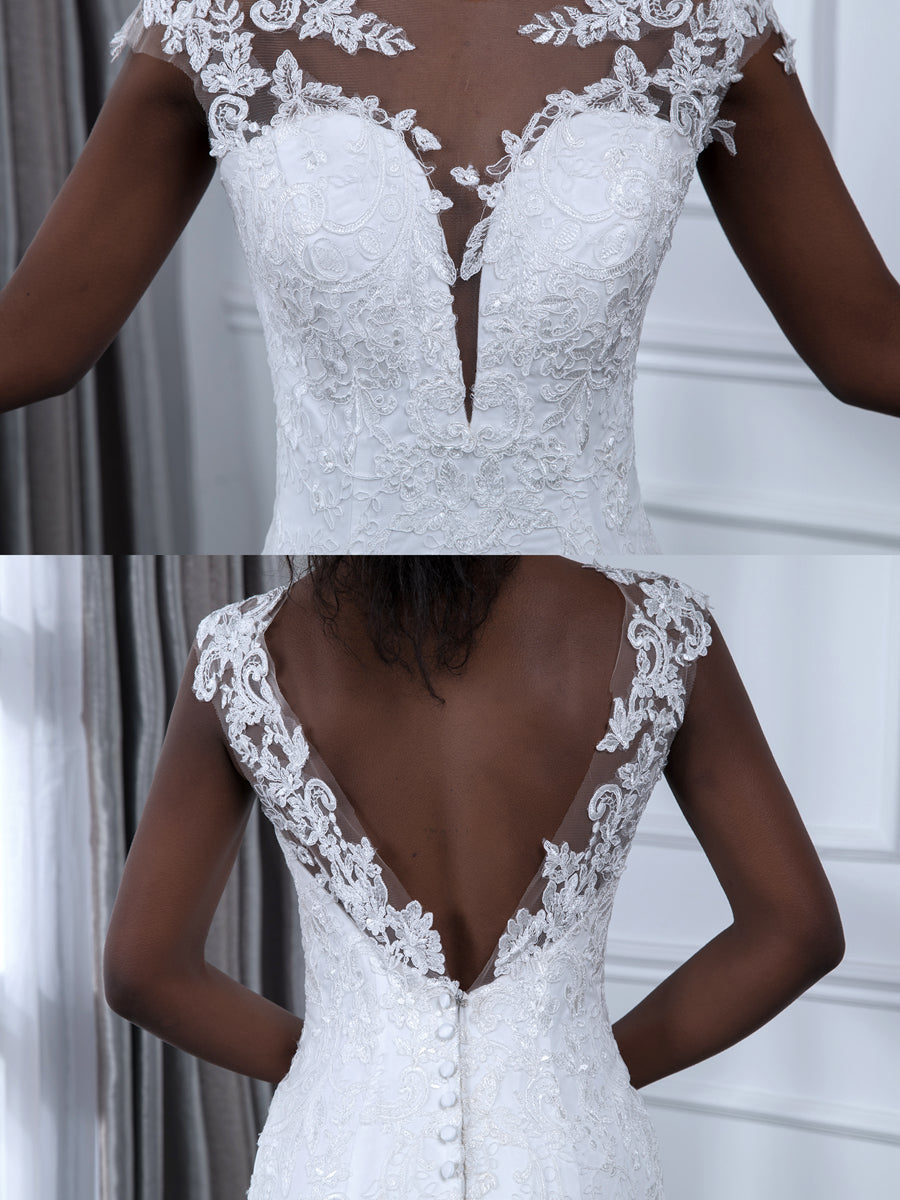 Ärmelloses Meerjungfrau-Brautkleid aus Tüll mit Transparentem Ausschnitt Und Applikationen