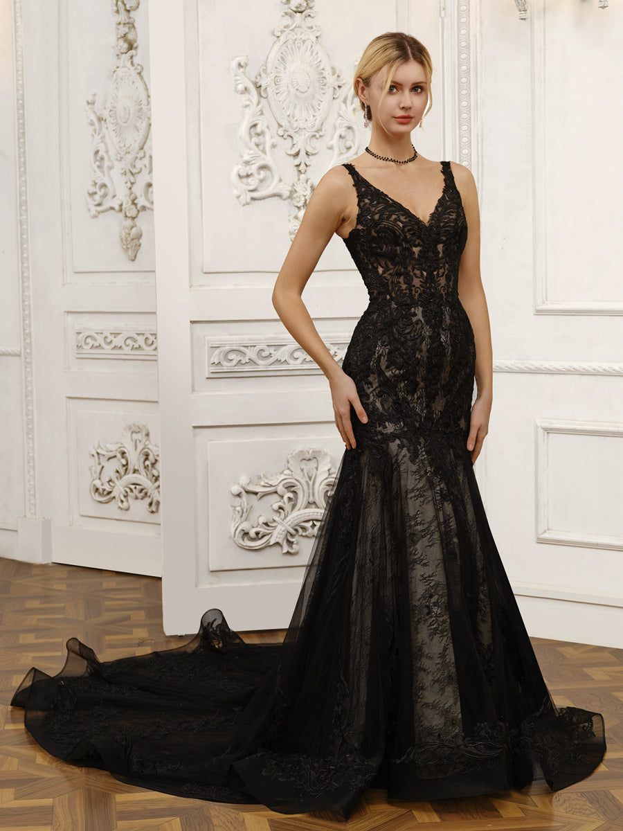 Ärmelloses Brautkleid Im Meerjungfrau-Stil aus Tüll mit V-Ausschnitt Und Spitzenapplikationen