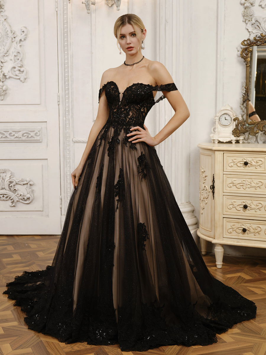 Schulterfreie Brautkleider in Duchesse-Linie aus Tüll mit Perlen Und Applikationen