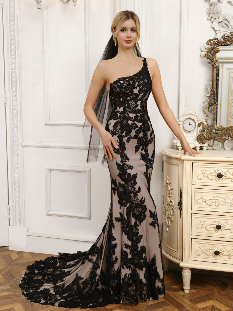 One-Shoulder-Brautkleid aus Ärmellosem Tüll Im Meerjungfrau-Stil mit Applikationen