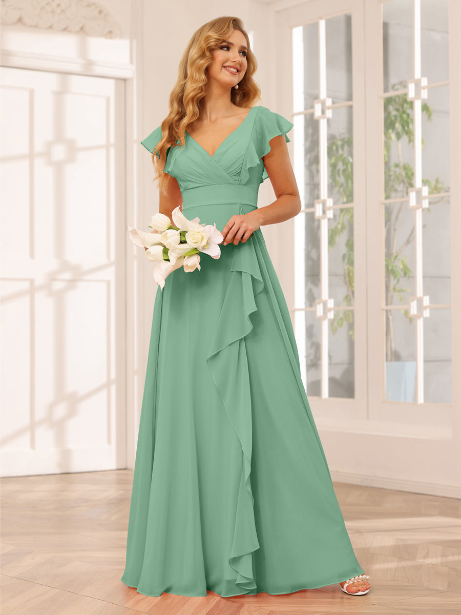 Lange Brautjungfernkleider Im A-Linien-/Prinzessin-Stil mit V-Ausschnitt Und Rüschen