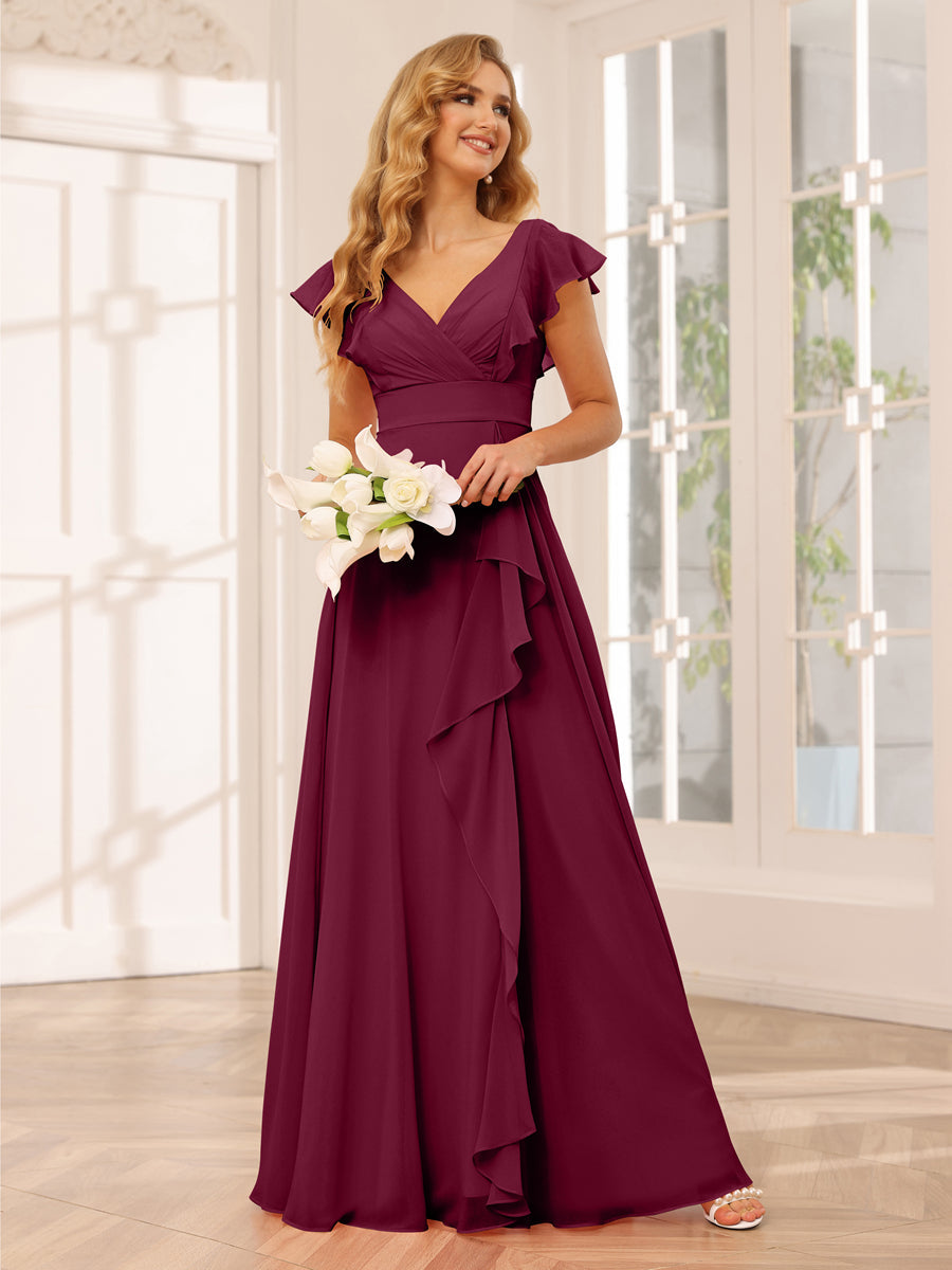 Lange Brautjungfernkleider Im A-Linien-/Prinzessin-Stil mit V-Ausschnitt Und Rüschen