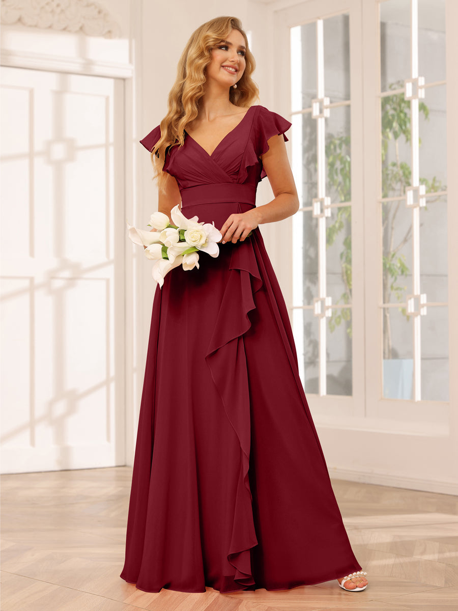 Lange Brautjungfernkleider Im A-Linien-/Prinzessin-Stil mit V-Ausschnitt Und Rüschen