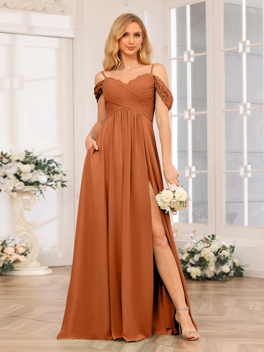 A-Linie/Prinzessin Spaghettiträger Lange Hochzeits-Partykleider mit Schlitz An Der Seite Und Taschen