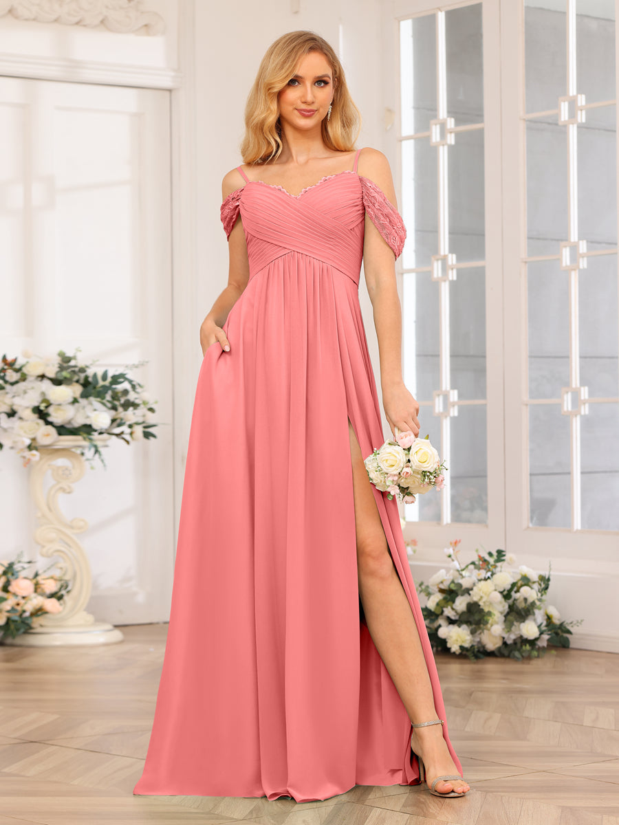 A-Linie/Prinzessin Spaghettiträger Lange Hochzeits-Partykleider mit Schlitz An Der Seite Und Taschen