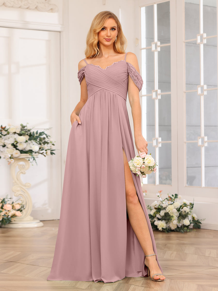 A-Linie/Prinzessin Spaghettiträger Lange Hochzeits-Partykleider mit Schlitz An Der Seite Und Taschen