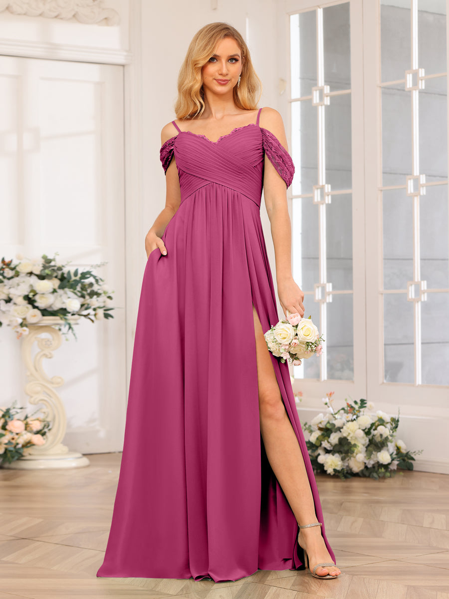 A-Linie/Prinzessin Spaghettiträger Lange Hochzeits-Partykleider mit Schlitz An Der Seite Und Taschen