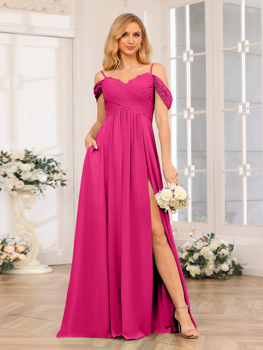 A-Linie/Prinzessin Spaghettiträger Lange Hochzeits-Partykleider mit Schlitz An Der Seite Und Taschen