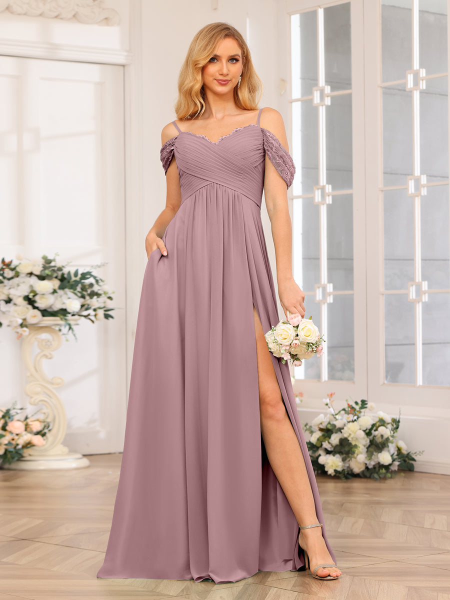 A-Linie/Prinzessin Spaghettiträger Lange Hochzeits-Partykleider mit Schlitz An Der Seite Und Taschen