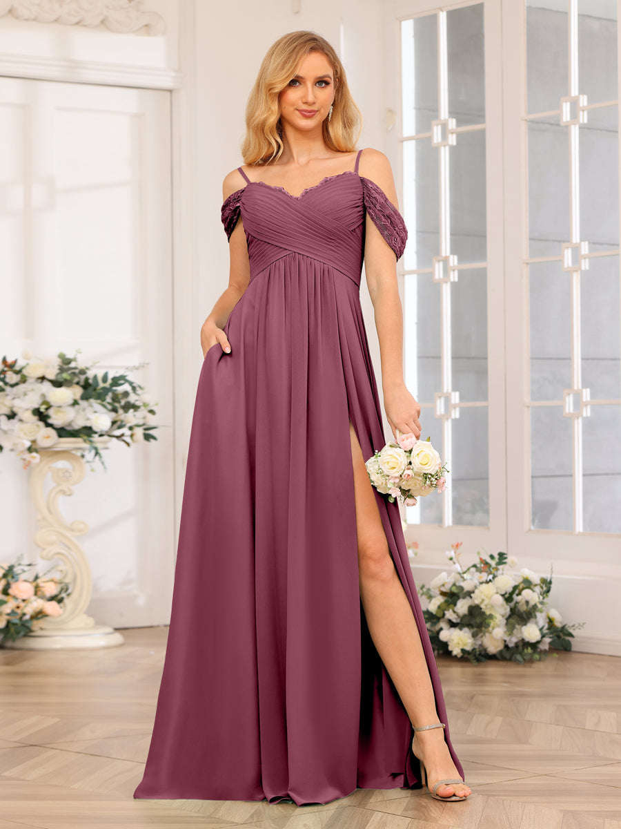 A-Linie/Prinzessin Spaghettiträger Lange Hochzeits-Partykleider mit Schlitz An Der Seite Und Taschen