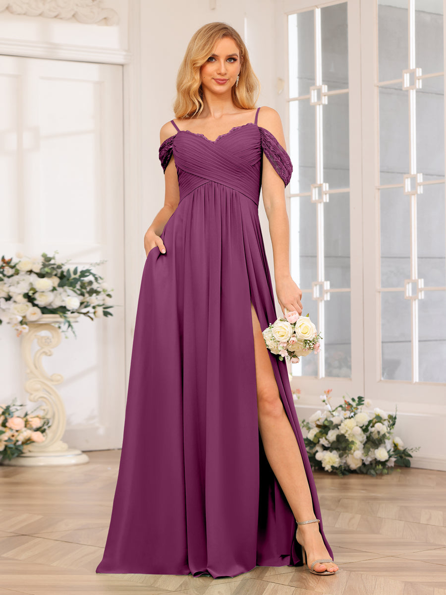 A-Linie/Prinzessin Spaghettiträger Lange Hochzeits-Partykleider mit Schlitz An Der Seite Und Taschen