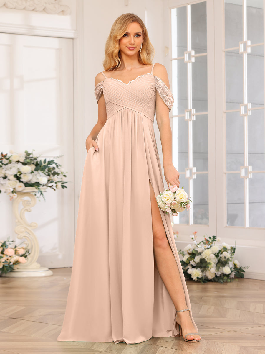 A-Linie/Prinzessin Spaghettiträger Lange Hochzeits-Partykleider mit Schlitz An Der Seite Und Taschen