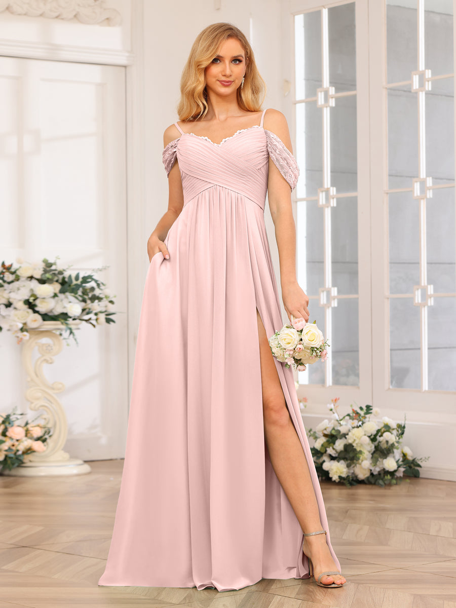 A-Linie/Prinzessin Spaghettiträger Lange Hochzeits-Partykleider mit Schlitz An Der Seite Und Taschen