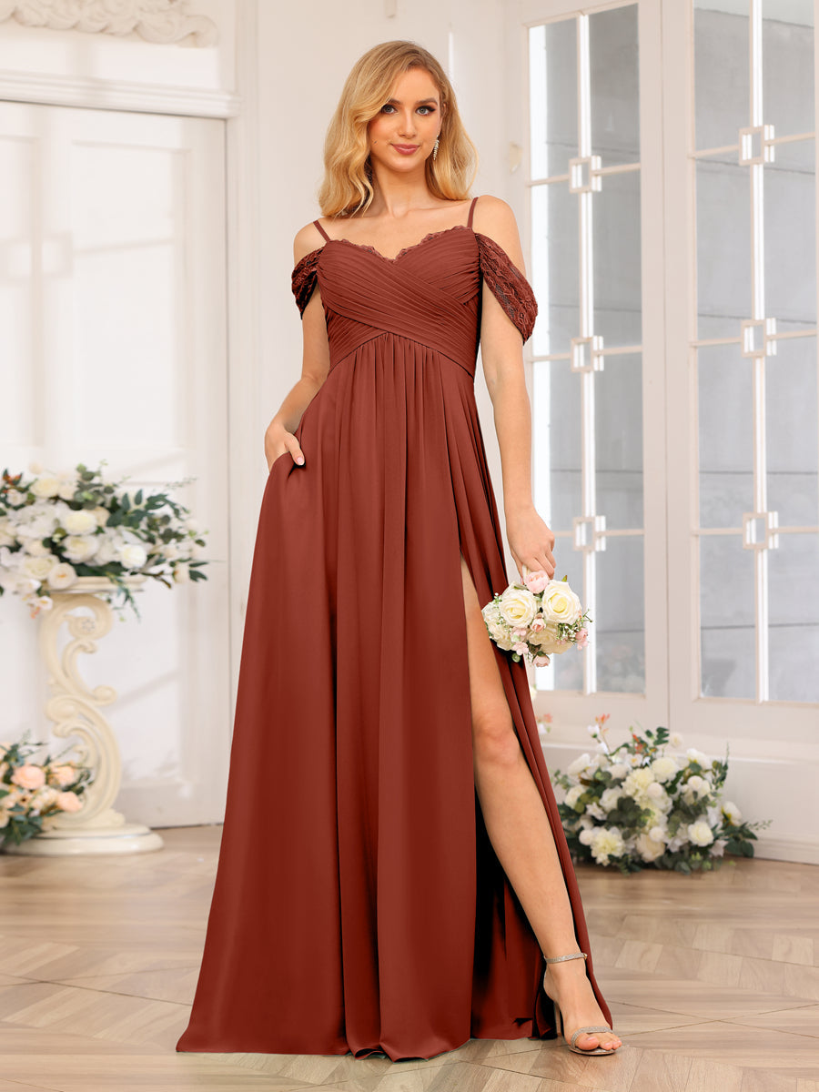 A-Linie/Prinzessin Spaghettiträger Lange Hochzeits-Partykleider mit Schlitz An Der Seite Und Taschen