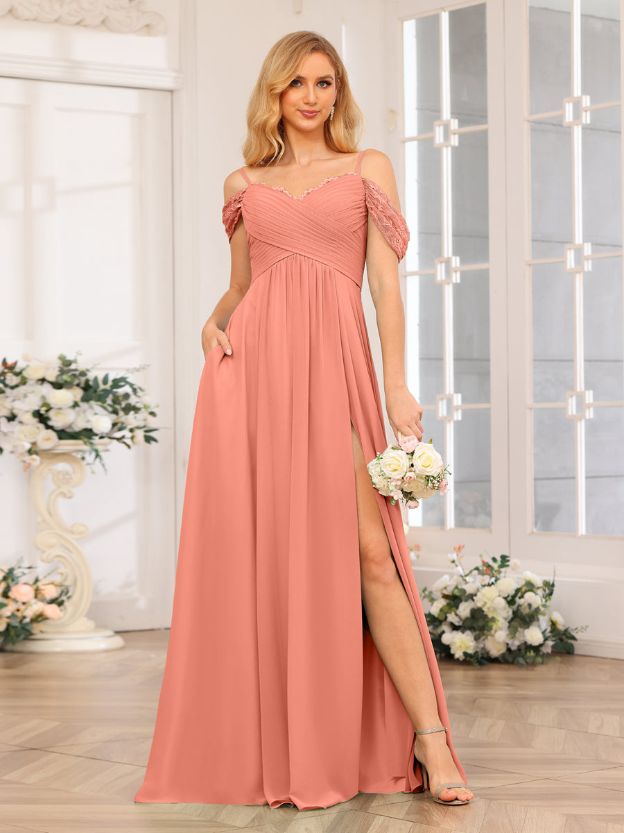 A-Linie/Prinzessin Spaghettiträger Lange Hochzeits-Partykleider mit Schlitz An Der Seite Und Taschen