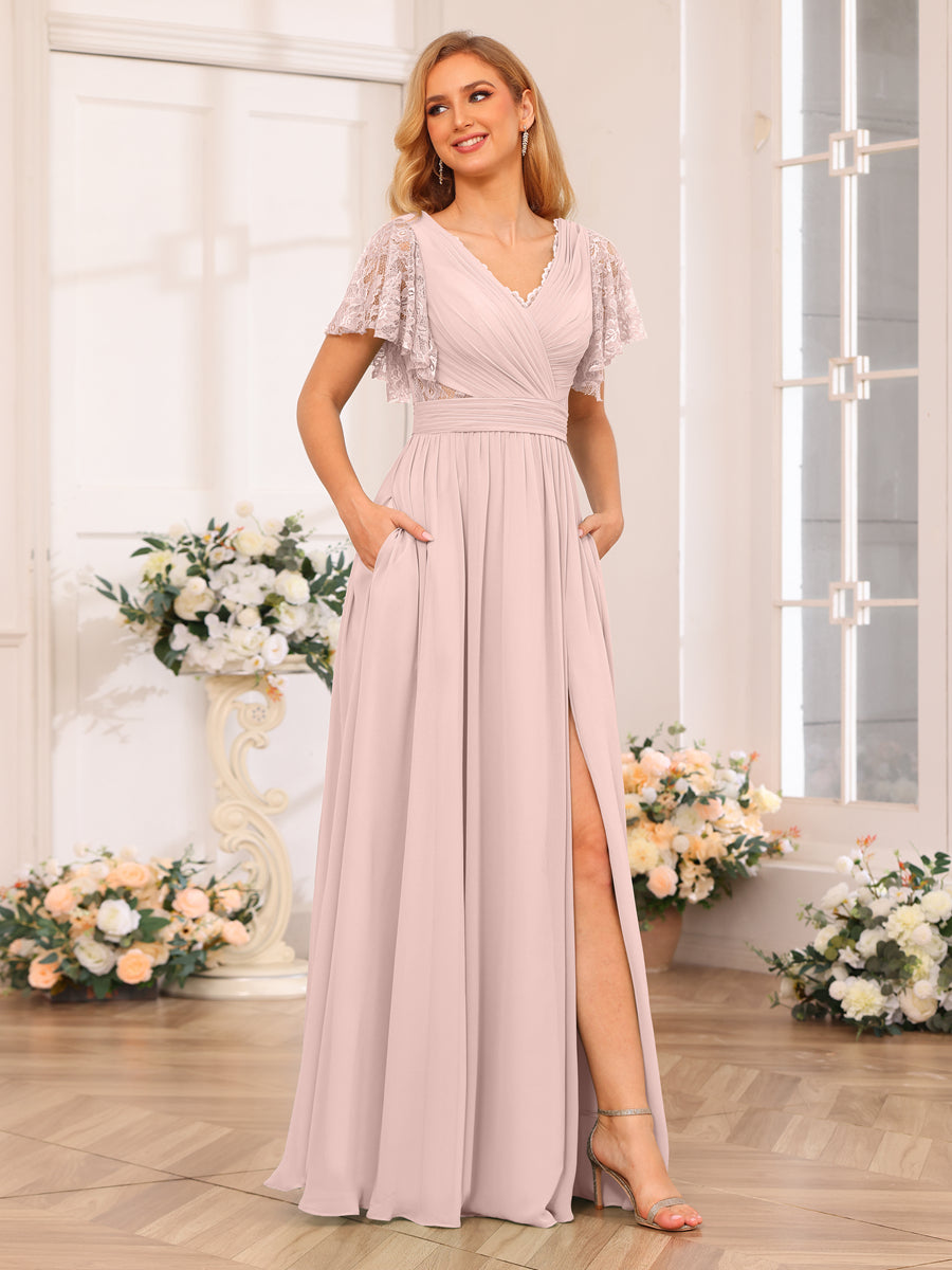 Lange Hochzeits-Partykleider Im A-Linien-/Prinzessin-Stil mit V-Ausschnitt Seitlichen Schlitzen Und Taschen