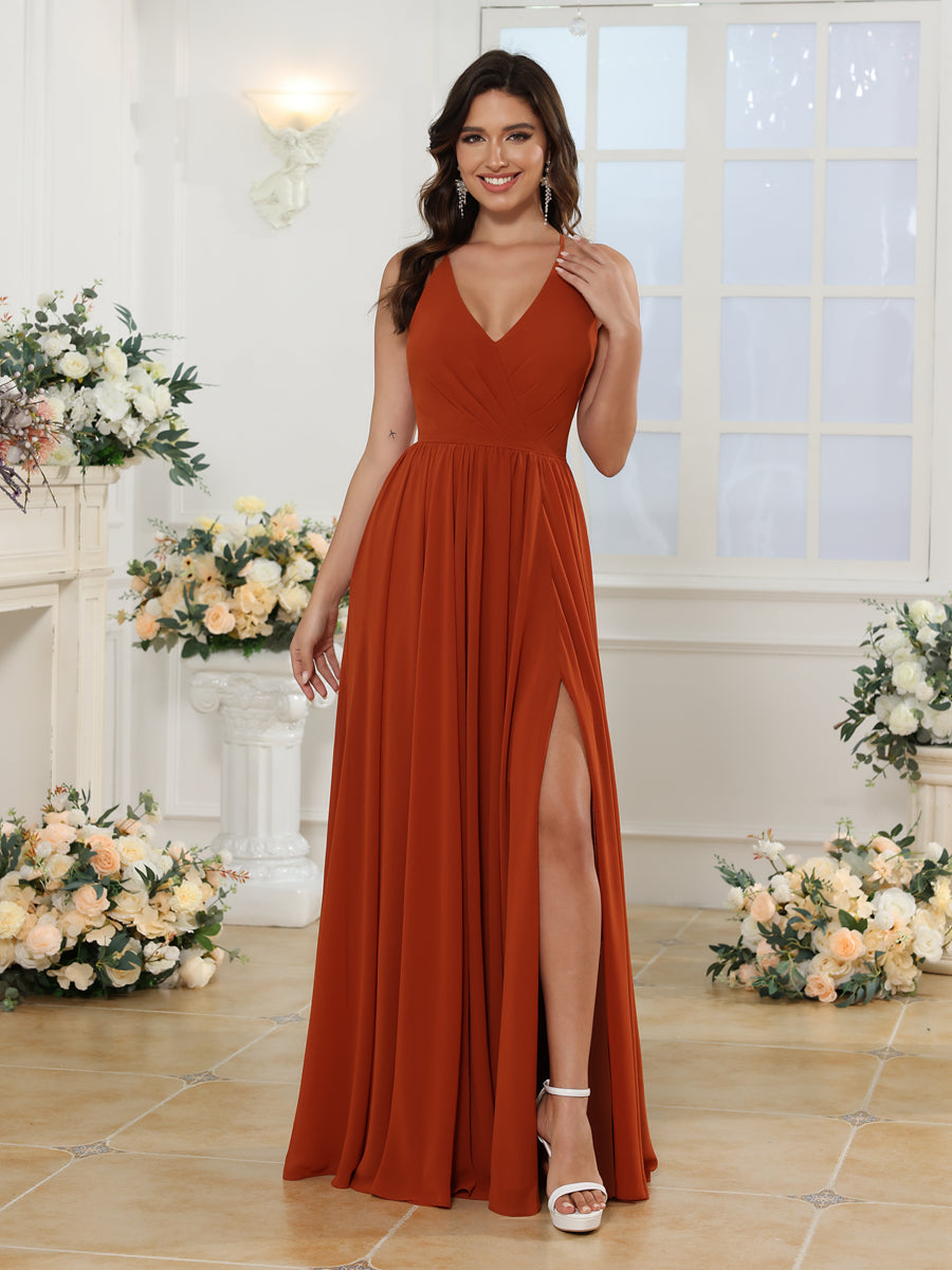 A-Linie/Prinzessin Spaghettiträger Lange Hochzeitskleider mit Seitenschlitz