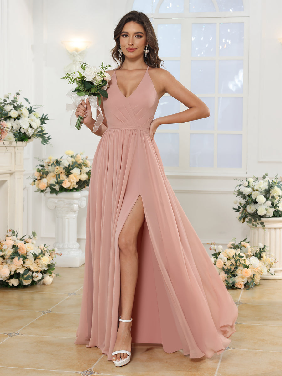 A-Linie/Prinzessin Spaghettiträger Lange Hochzeitskleider mit Seitenschlitz