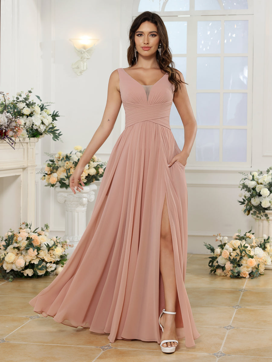 A-Linie/Prinzessin V-Ausschnitt Lange Hochzeitskleider mit Seitenschlitz & Taschen