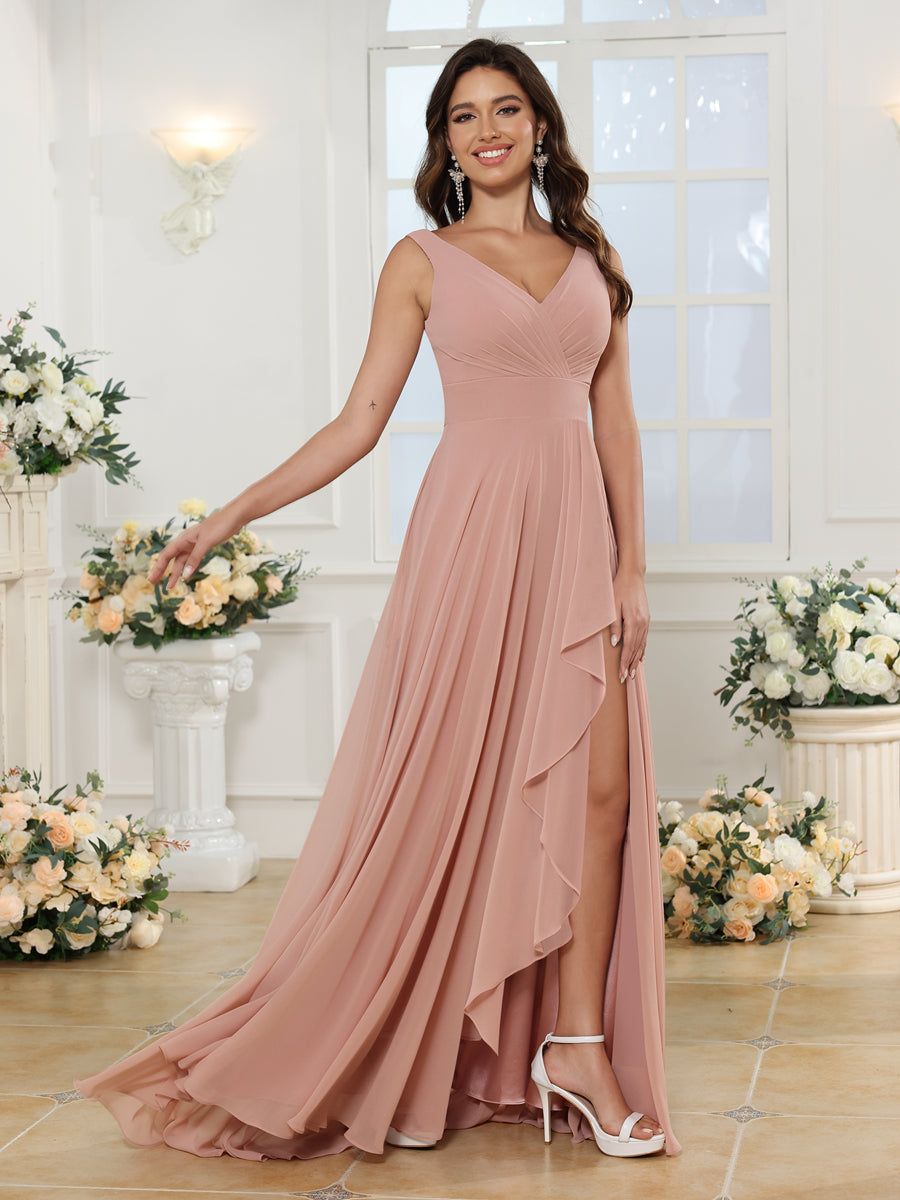 A-Linie/Prinzessin V-Ausschnitt Lange Hochzeitskleider mit Seitenschlitz & Taschen