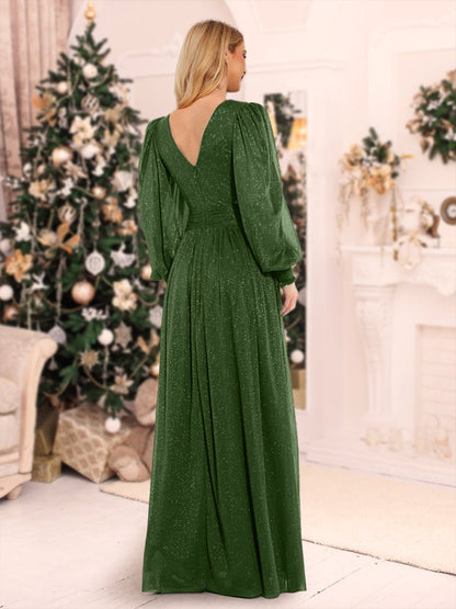 Sexy A-Linie/Princess-Linie V-Ausschnitt Lange Ärmel Bodenlange Weihnachtskleider mit Seitenschlitz