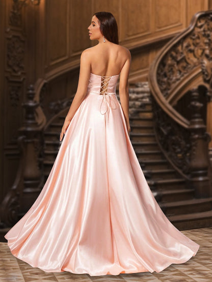 A-Linie/Princess-Linie, trägerlos, ärmellos, bodenlang, Abendkleider mit Schlitz an der Seite und Strass