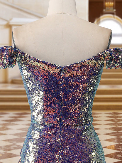 Glitzernde schulterfreie lange Abendkleider im Trompeten-/Meerjungfrauenstil mit Schlitz an der Seite