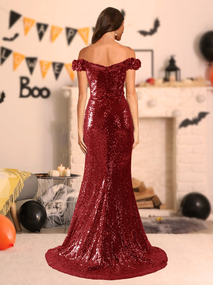 Glitzernde schulterfreie lange Halloween-Kleider im Trompeten-/Meerjungfrauenstil mit Schlitz an der Seite
