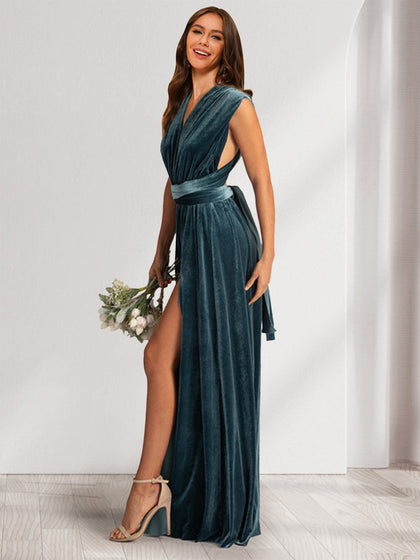 A-Linie/Princess-Linie, V-Ausschnitt, ärmellos, gerüschtes Samt-Abendkleid mit Schlitz an der Seite und Rüschen