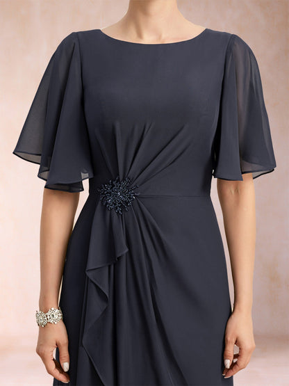 A-Linie/Princess-Linie, U-Ausschnitt, schwarzer Chiffon, Kleider für die Brautmutter mit Applikationen und Rüschen