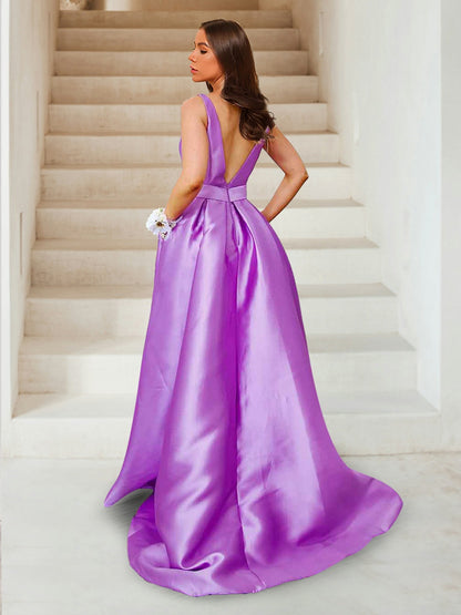 A-Linie/Princess-Linie, tiefer V-Ausschnitt, gerüschte Abendkleider mit Gürtel und Taschen