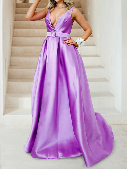 A-Linie/Princess-Linie, tiefer V-Ausschnitt, gerüschte Abendkleider mit Gürtel und Taschen