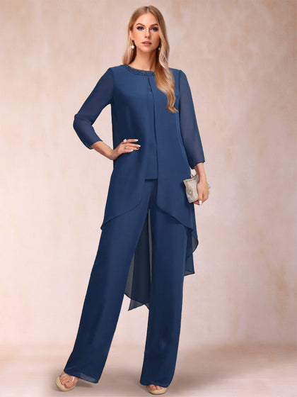 3-teiliger Hosenanzug aus Chiffon mit U-Ausschnitt und langen Ärmeln, Strasssteinen und Jacke