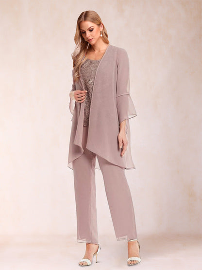 3-teiliger Hosenanzug aus Chiffon mit U-Ausschnitt und langen Ärmeln, Applikationen und Jacke