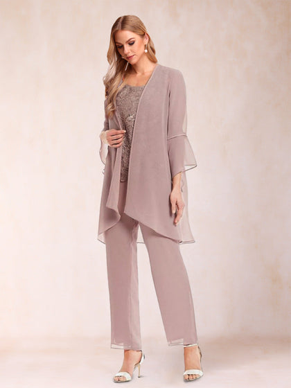 3-teiliger Hosenanzug aus Chiffon mit U-Ausschnitt und langen Ärmeln, Applikationen und Jacke