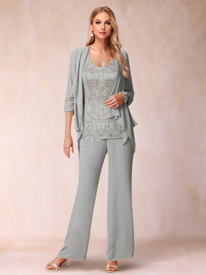 3-teiliger Hosenanzug aus Chiffon mit U-Ausschnitt und langen Ärmeln, Rüschen und Jacke