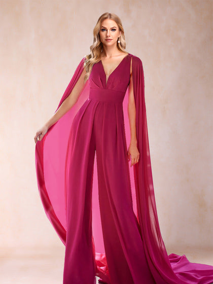2-teiliger Hosenanzug aus Chiffon mit V-Ausschnitt, Rüschen und Schalkragen