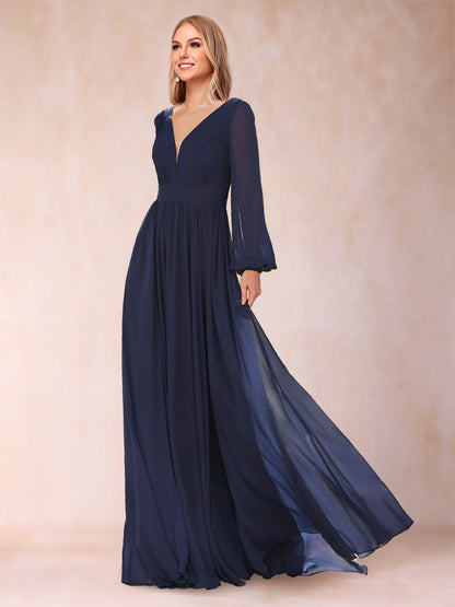 A-Linie/Princess-Linie Chiffon V-Ausschnitt Lange Ärmel Kleider für die Brautmutter mit Rüschen