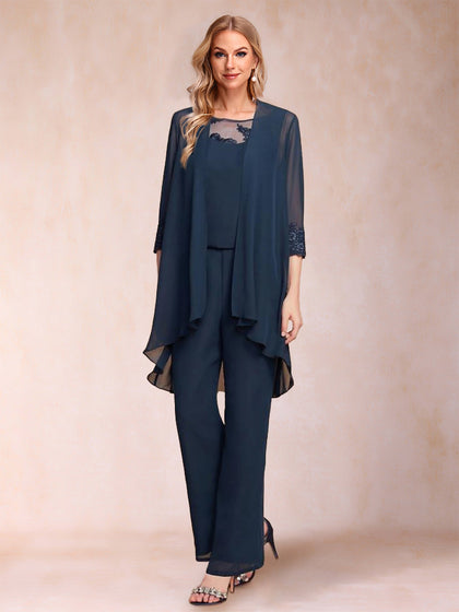 Chiffon-Hosenanzug mit U-Ausschnitt, 3/4-Ärmeln, Applikationen und Jacke